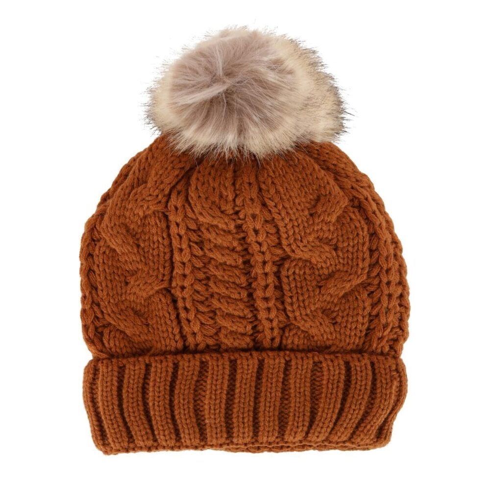 2430 Cable Knit Lined Winter Beanie with Synthetic Fur Pom, Chestnut